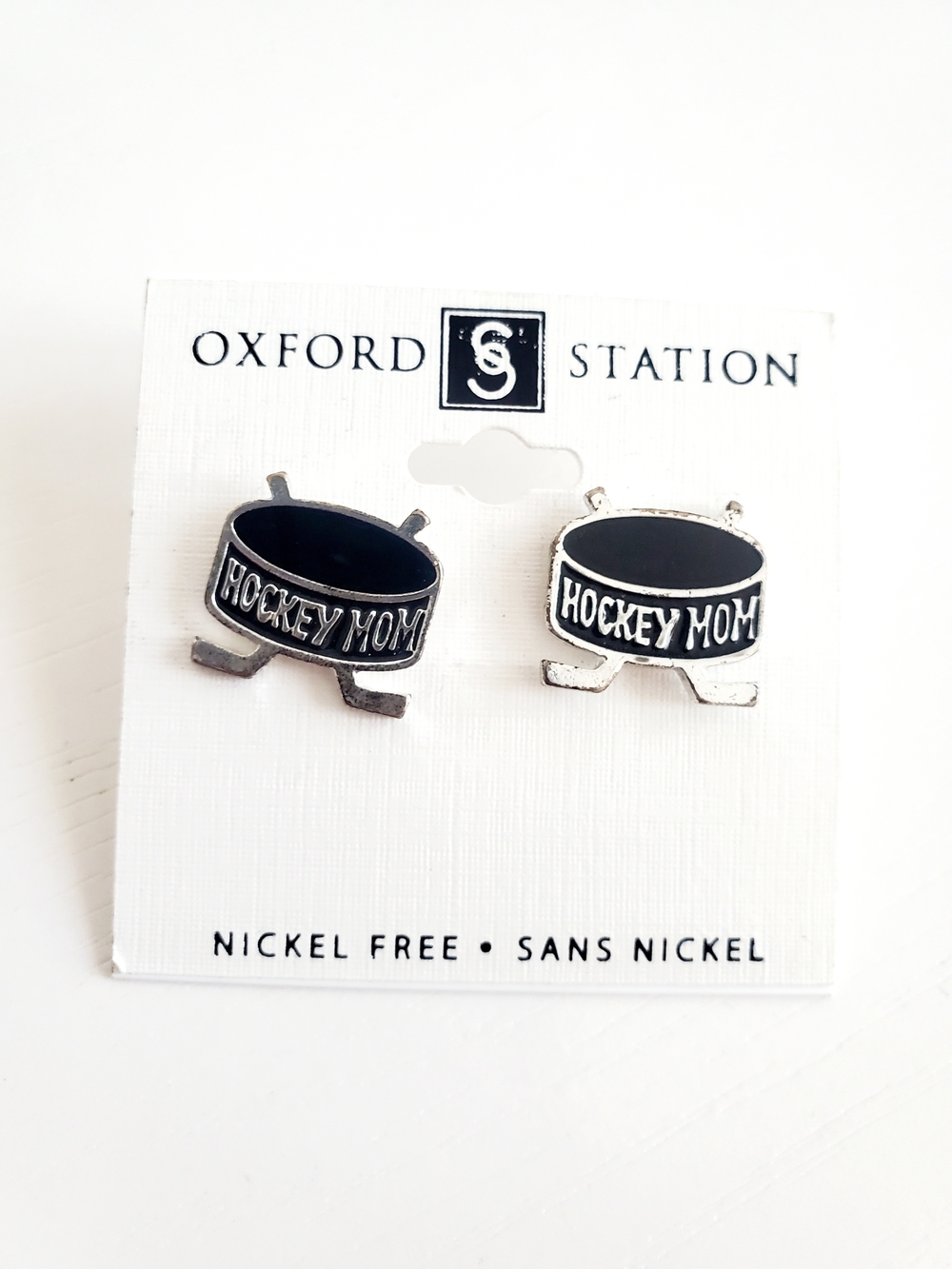 'Hockey Mom' Black and Silver Stud Earrings